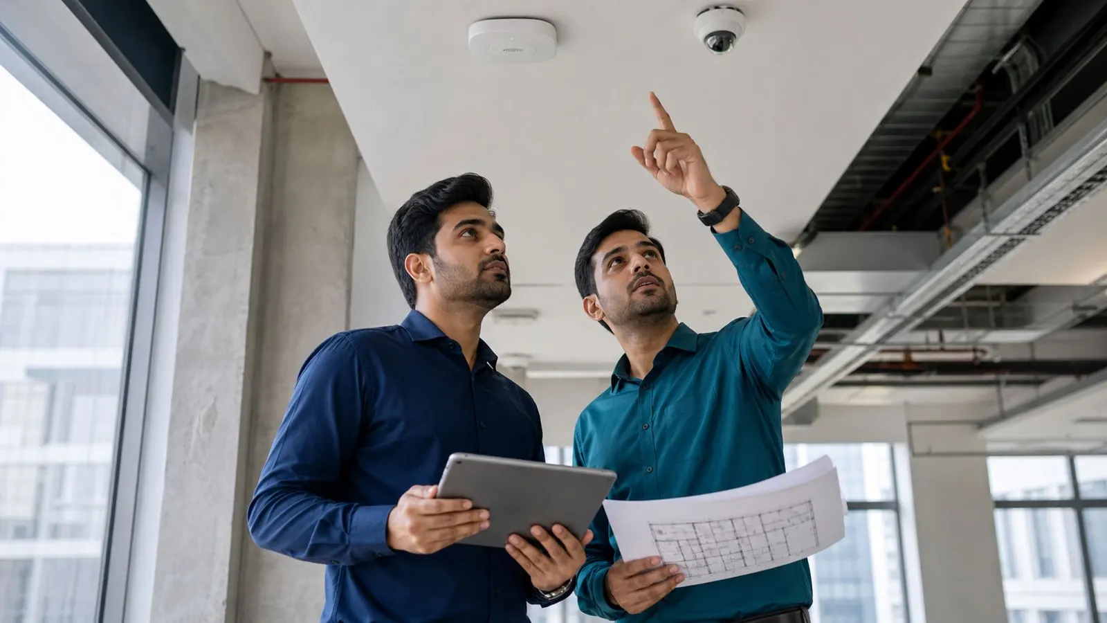 Technology engineers reviewing Wi-Fi, CCTV and structured-cabling requirements during a site survey