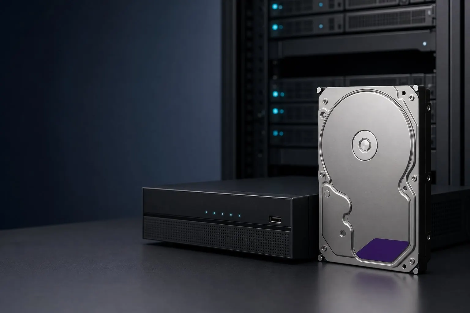 Surveillance hard drive beside a professional network video recorder